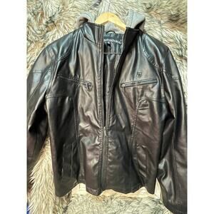Urban Republic‎ Men's Faux Black Leather Jacket With Hoodie Size M